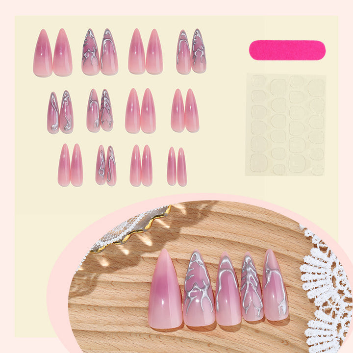 Artistic Press-On Nail Set with Decorative Marble and Glossy Accents kalsten