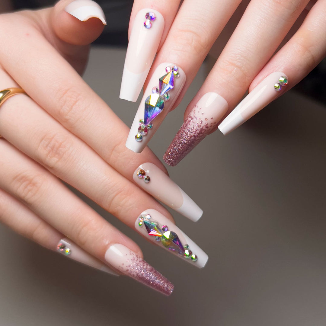Artful Nail Extensions with Glitter and Rhinestone Accents Kalsten
