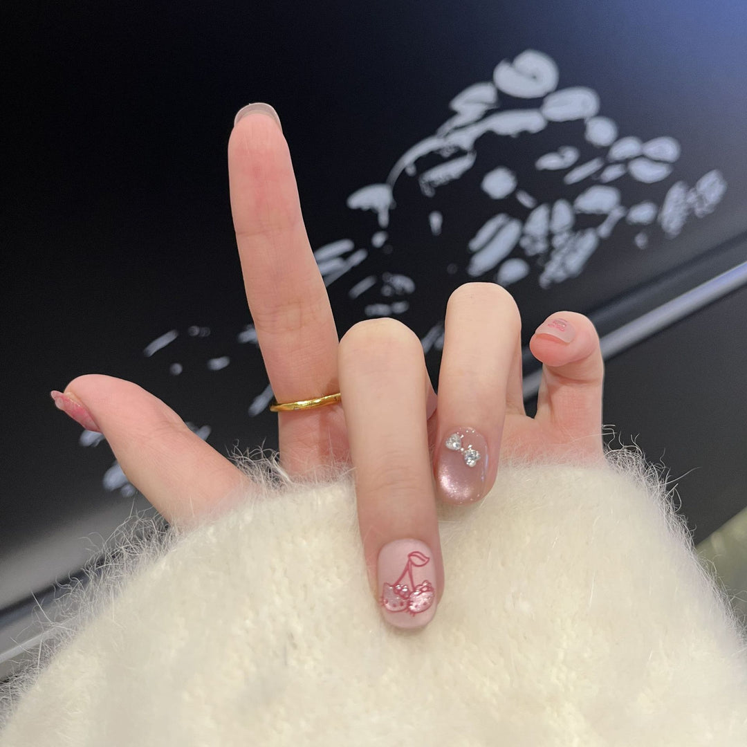 Decorative Press-On Nail Art Set with Cherry and Bow Accents Kalsten