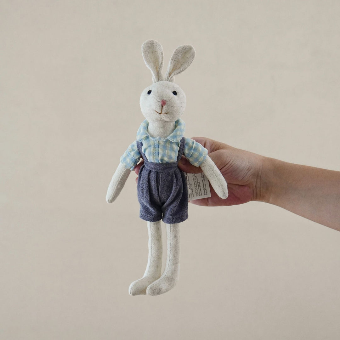 Handmade Linen Long-Limbed Bunny Doll with Embroidered Carrot Overalls