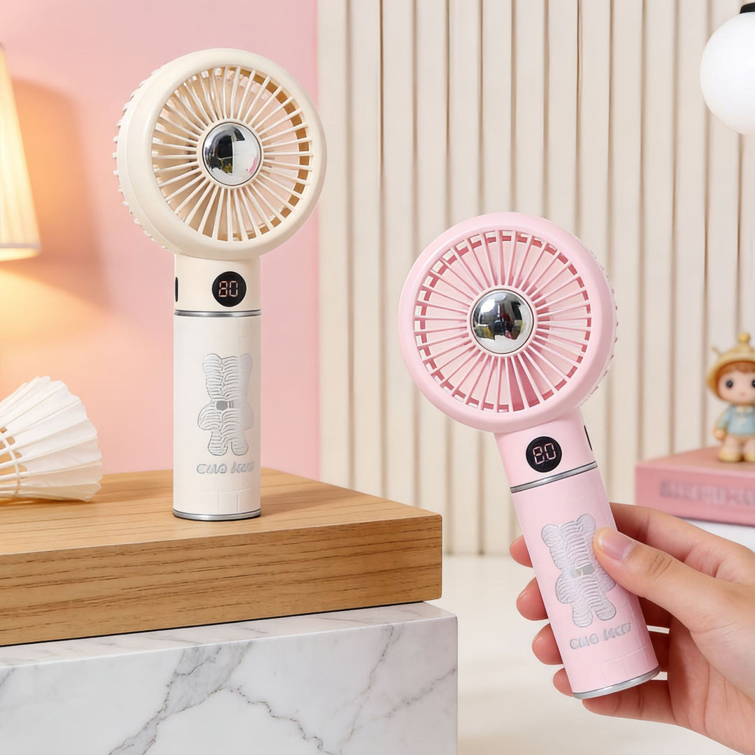 Women portable hand fan with digital speed display and playful bear motif Kalsten