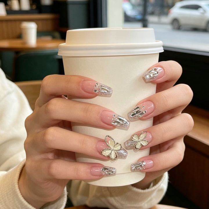 Glamorous Press-On Nail Set with Floral and Glitter Accents Kalsten