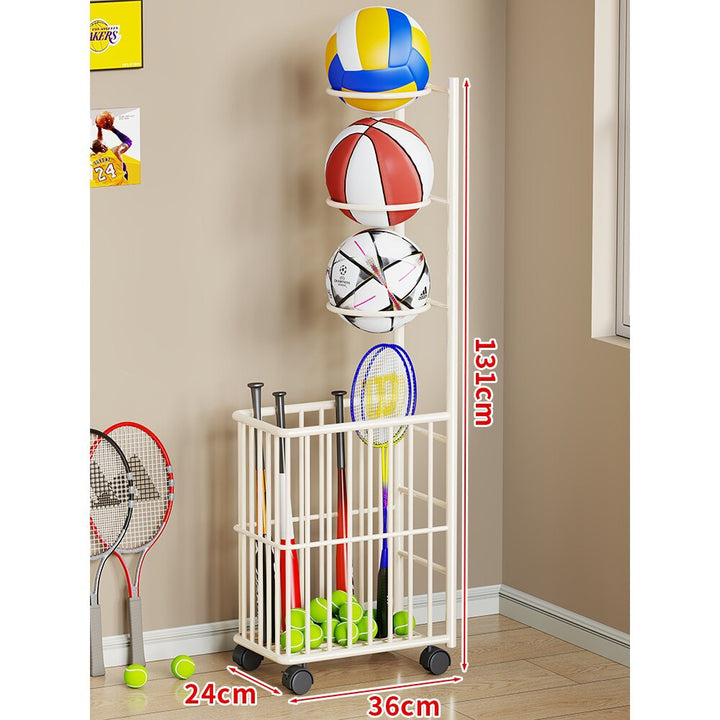 Tall Rolling Sports Equipment Organizer Cart with Vertical Ball Cradles and Bat & Racket Storage