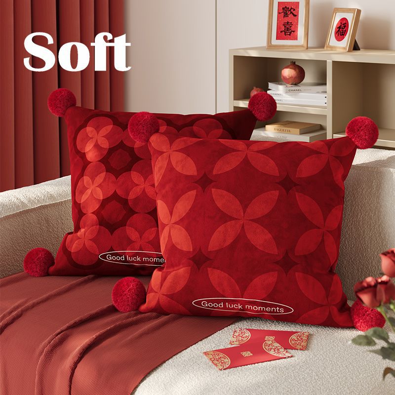 Decorative Velvet Square Throw Pillow with Corner Pom-Poms and Geometric Floral Emboss