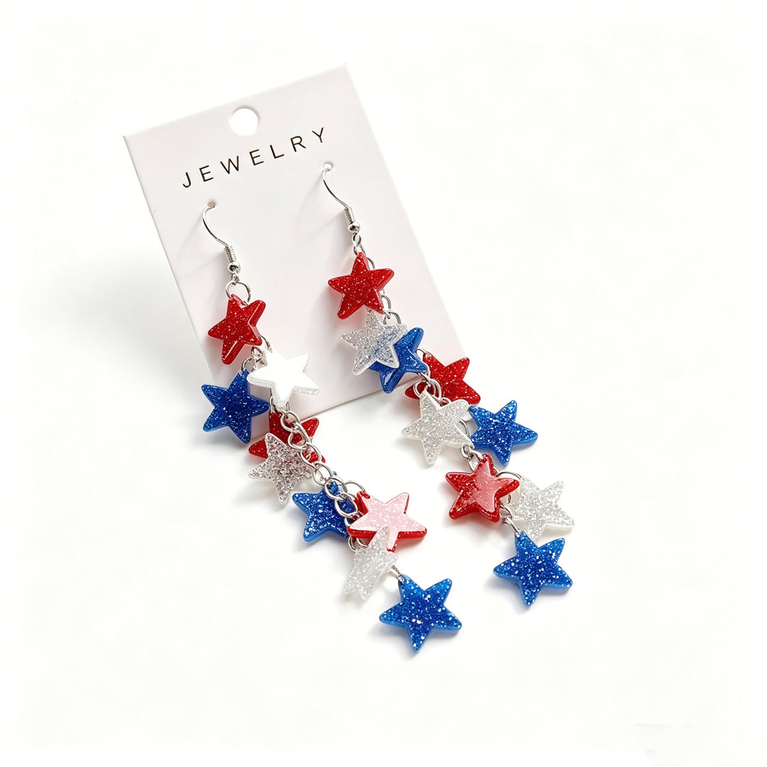 Women's nan patriotic triple-tier glitter star dangle earrings with fishhook wires Kalsten