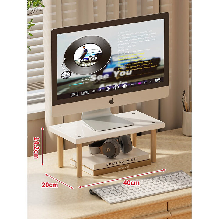 Compact Elevated Monitor Riser Stand with Wooden Legs and Under-Storage
