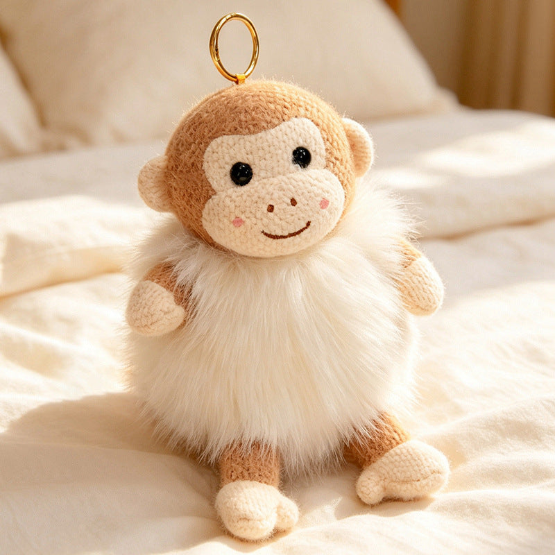 Plush Fluffy Monkey Bag Charm Keychain with Faux-Fur Body and Gold Ring Kalsten