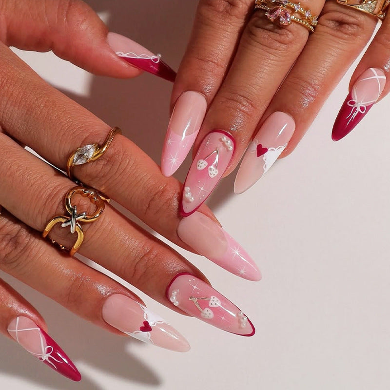 Decorative Press-On Nail Set with Heart and Ribbon Designs kalsten
