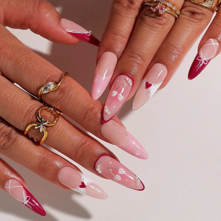 Decorative Press-On Nail Set with Heart and Ribbon Designs kalsten