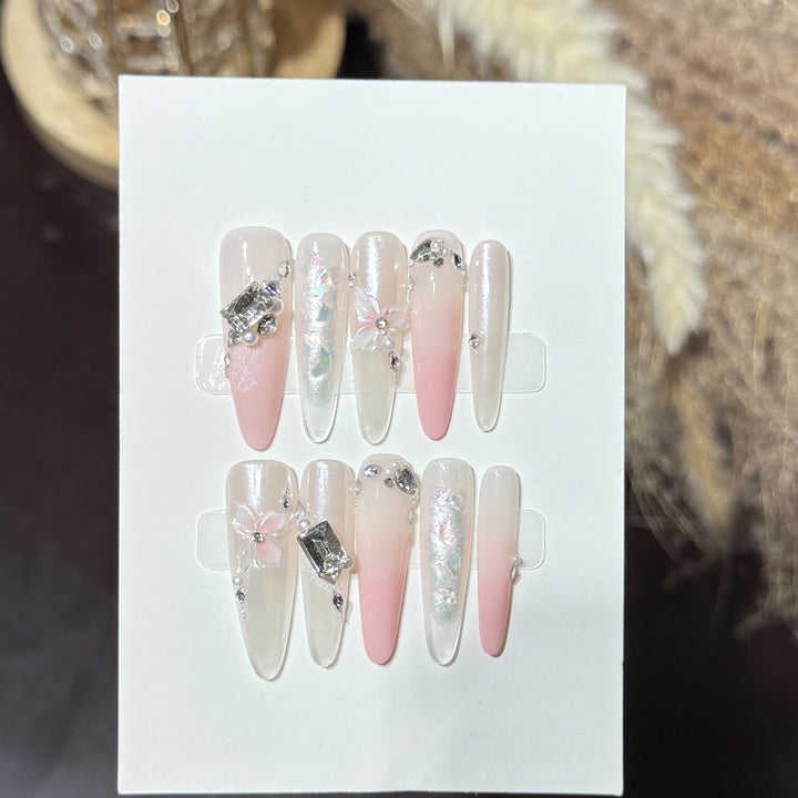 Elegant Stiletto Press-On Nail Art Set with Decorative Floral Accents Kalsten