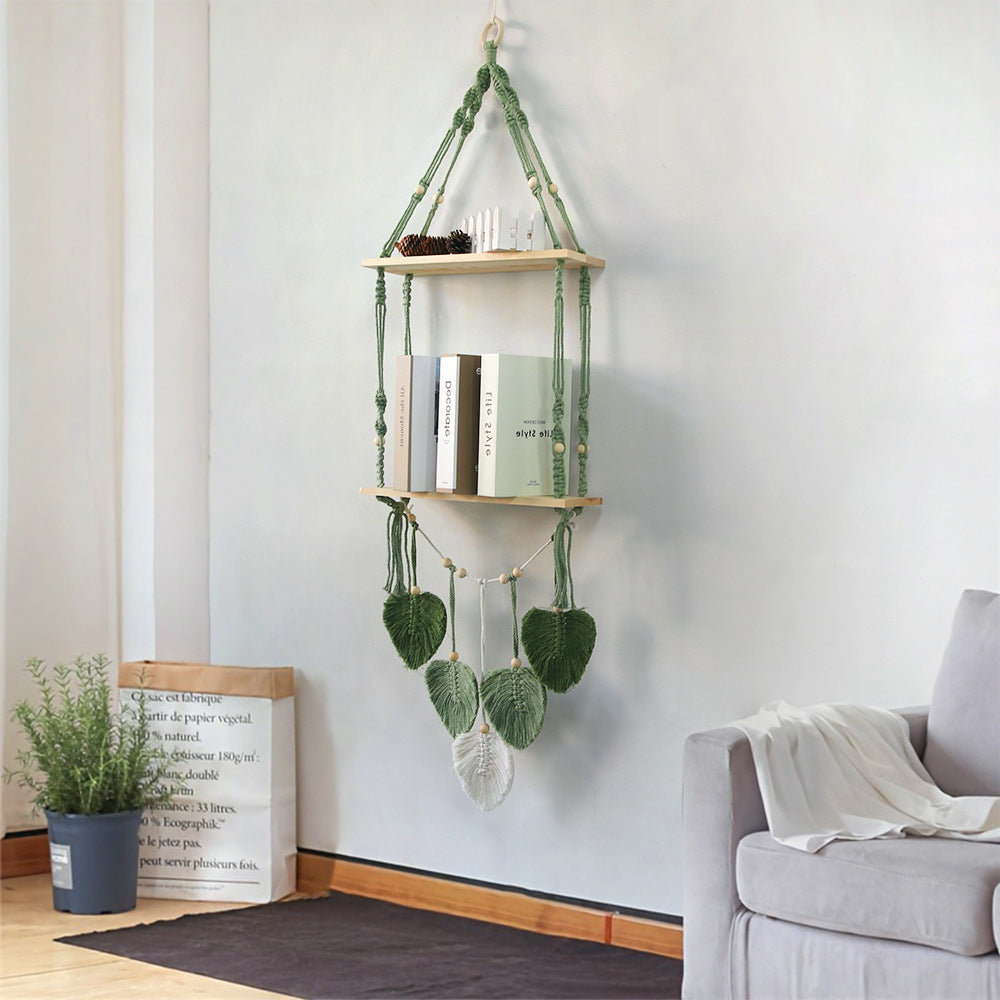 Macramé plant shelf with artistic leaf design