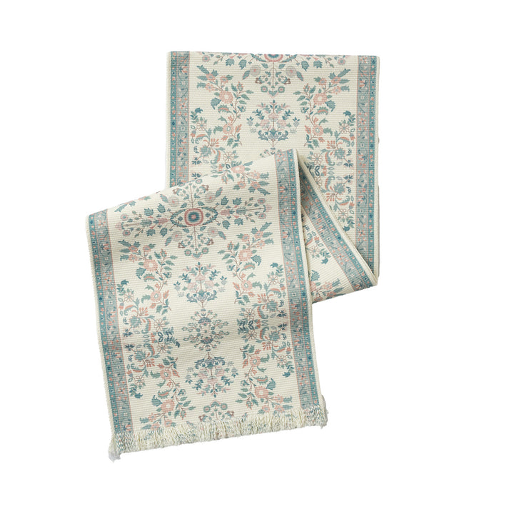 Vintage-inspired woven table runner with floral border and fringes Kalsten