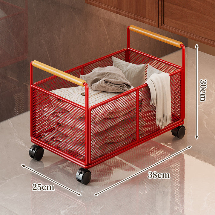 Low-Profile Metal Mesh Storage Crate with Dual Wood-Accent Handles for Blankets and Towels