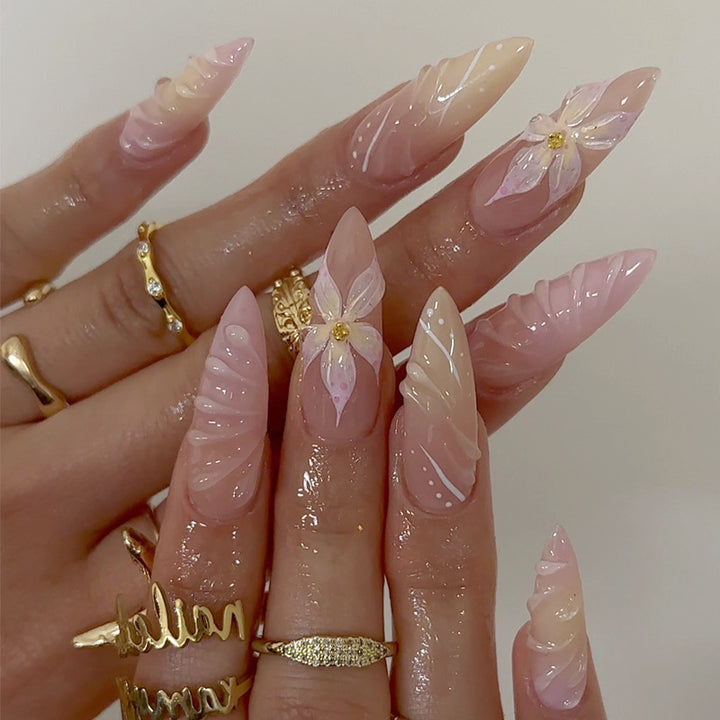 Artistic Long-Lasting Press-On Nail Extensions with Floral Patterns Kalsten