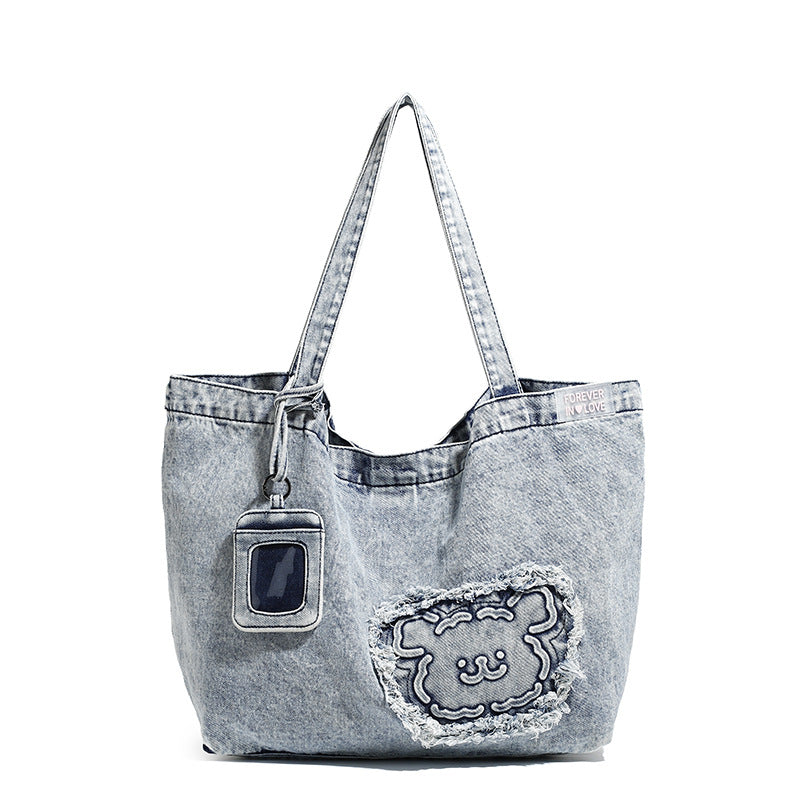 Denim Tote Bag with Embroidered Patch