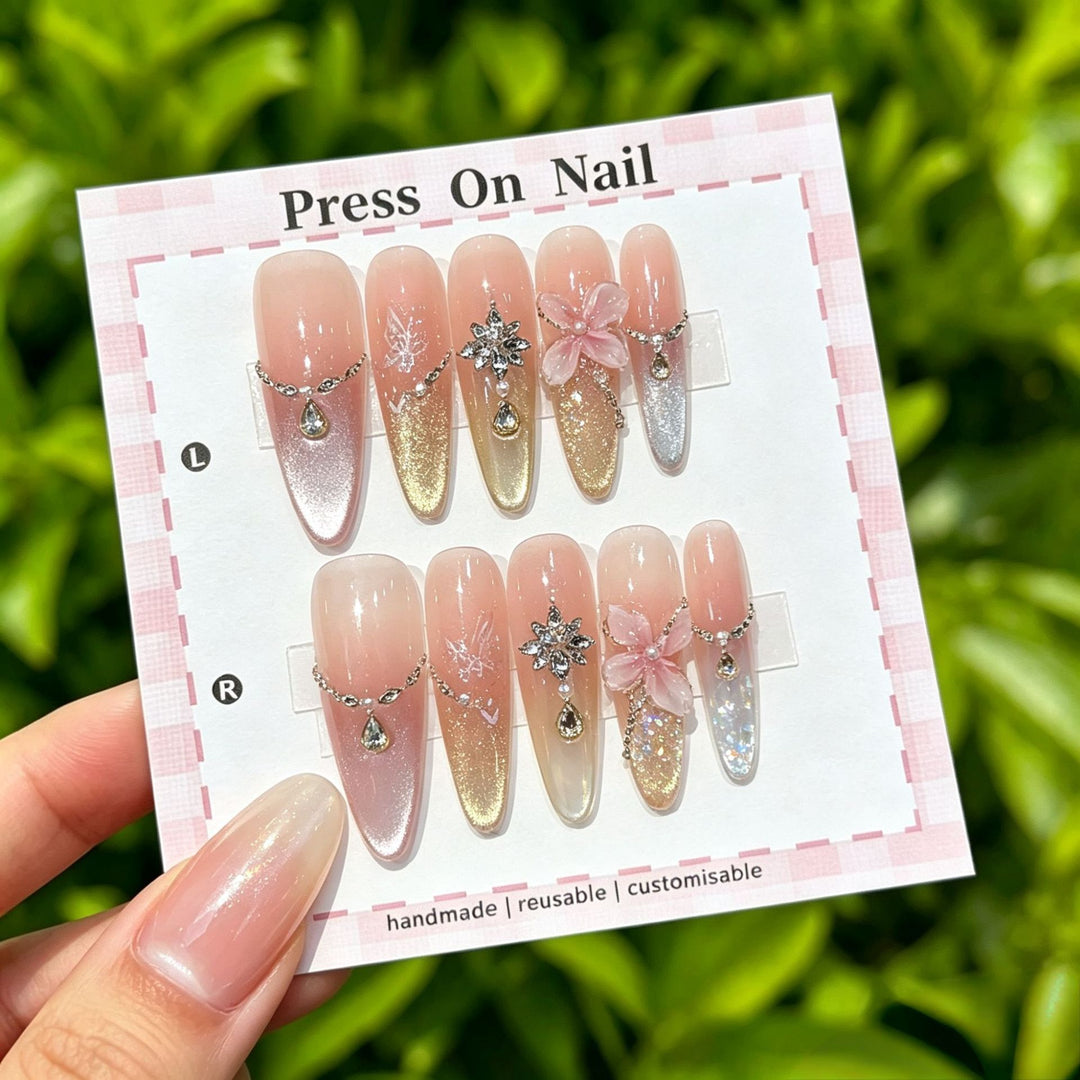 Artistic Press-On Nail Art Set with Star and Floral Accents
