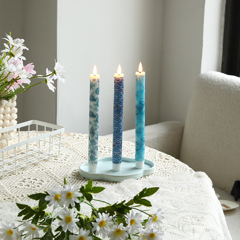 Ceramic Triple Taper Candle Holder with Patterned Taper Candles