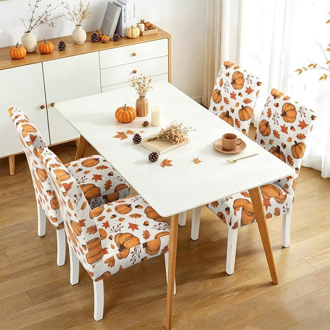 Stretch chair cover with autumn pumpkin and leaf motif