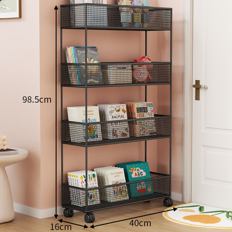 Industrial Metal Mesh Four-Tier Narrow Bookshelf Organizer
