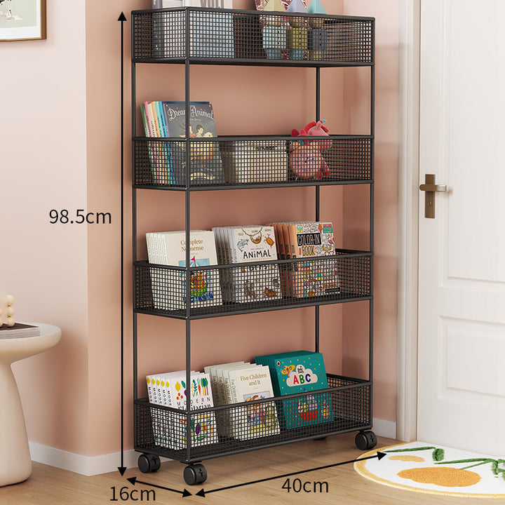 Industrial Metal Mesh Four-Tier Narrow Bookshelf Organizer