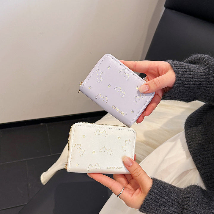 Playful Cat-Themed Compact Zip Wallet