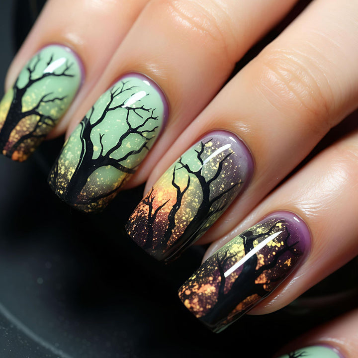 Artistic Ombre Tree-Themed Nail Art Kalsten
