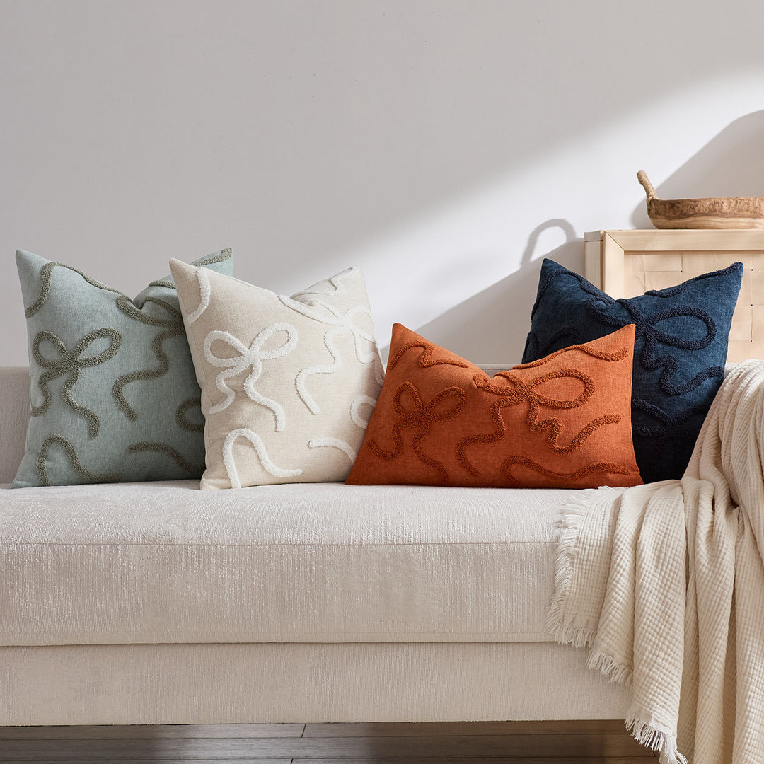 Square Textured Loop-Appliqué Linen-Blend Accent Pillow Cover