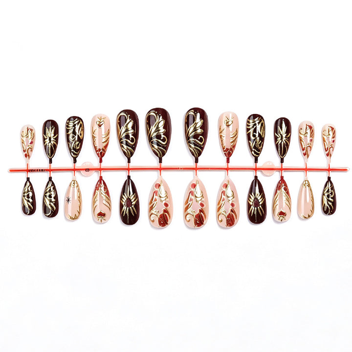 Decorative Press-On Nail Art Set with Intricate Gold Floral Design kalsten