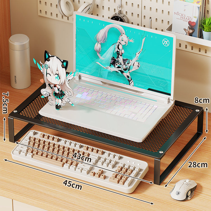 Mesh Metal Elevated Laptop and Monitor Stand with Ventilated Surface and Under-Keyboard Storage