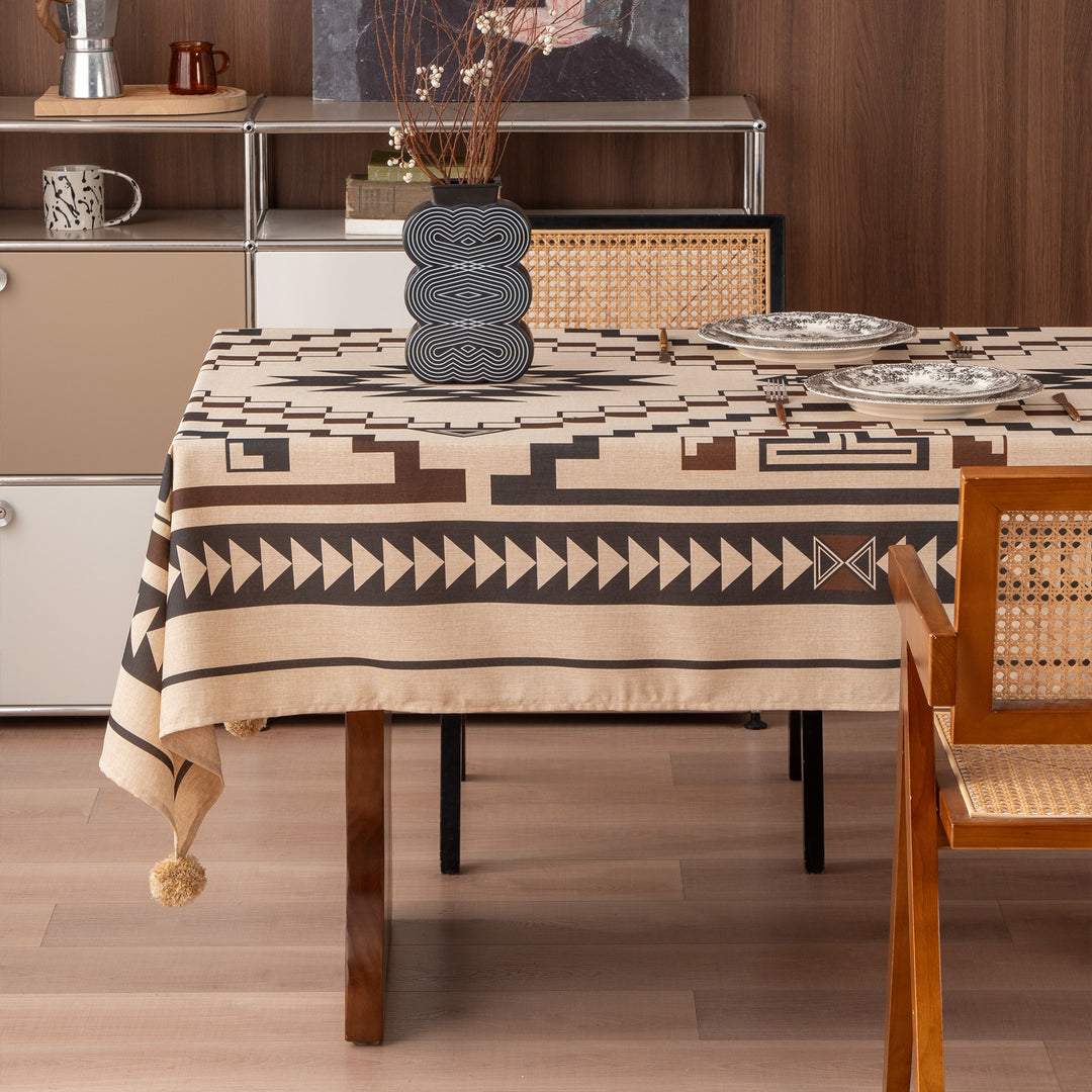 Rectangular tablecloth in linen look with pompom tassels Kalsten