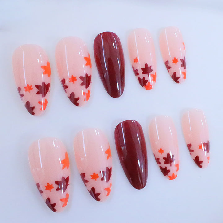 Fall-Inspired Glossy Almond-Shaped Nail Art Enhancements Kalsten