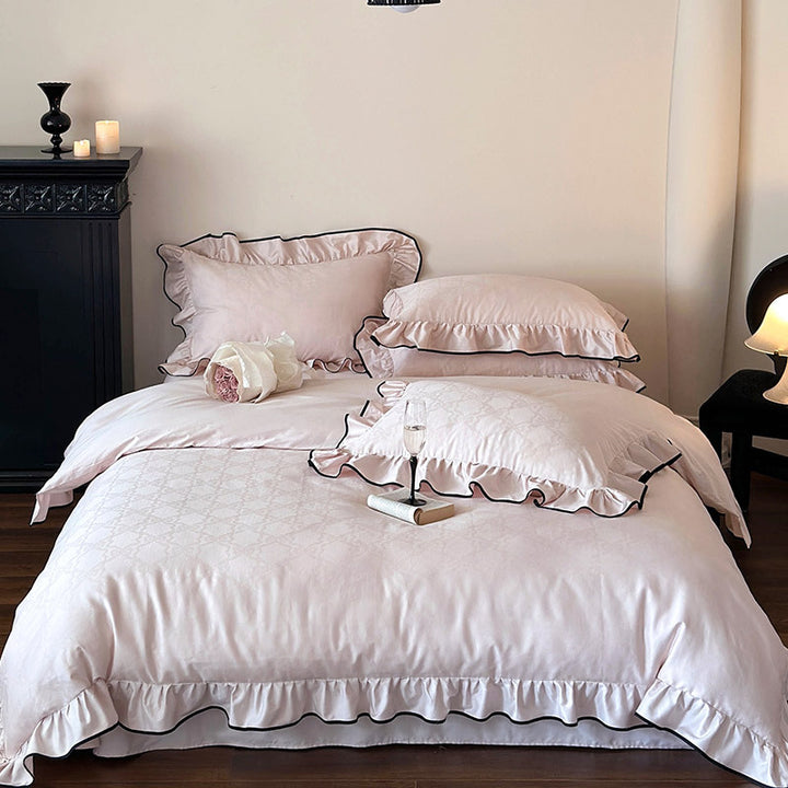Luxurious cotton satin bedding set with ruffles and contrasting piping
