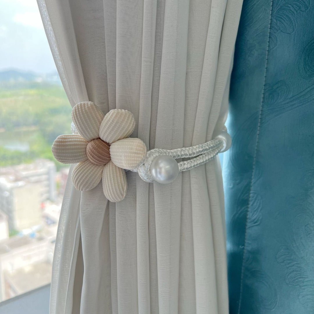 Fabric Flower Curtain Tieback with Braided Rope and Faux Pearl Accent