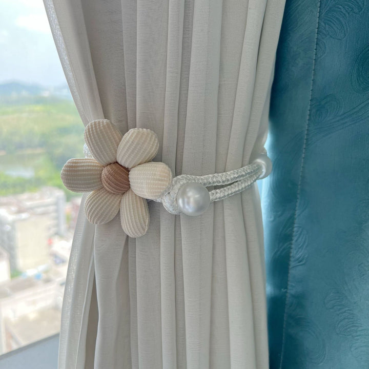 Fabric Flower Curtain Tieback with Braided Rope and Faux Pearl Accent