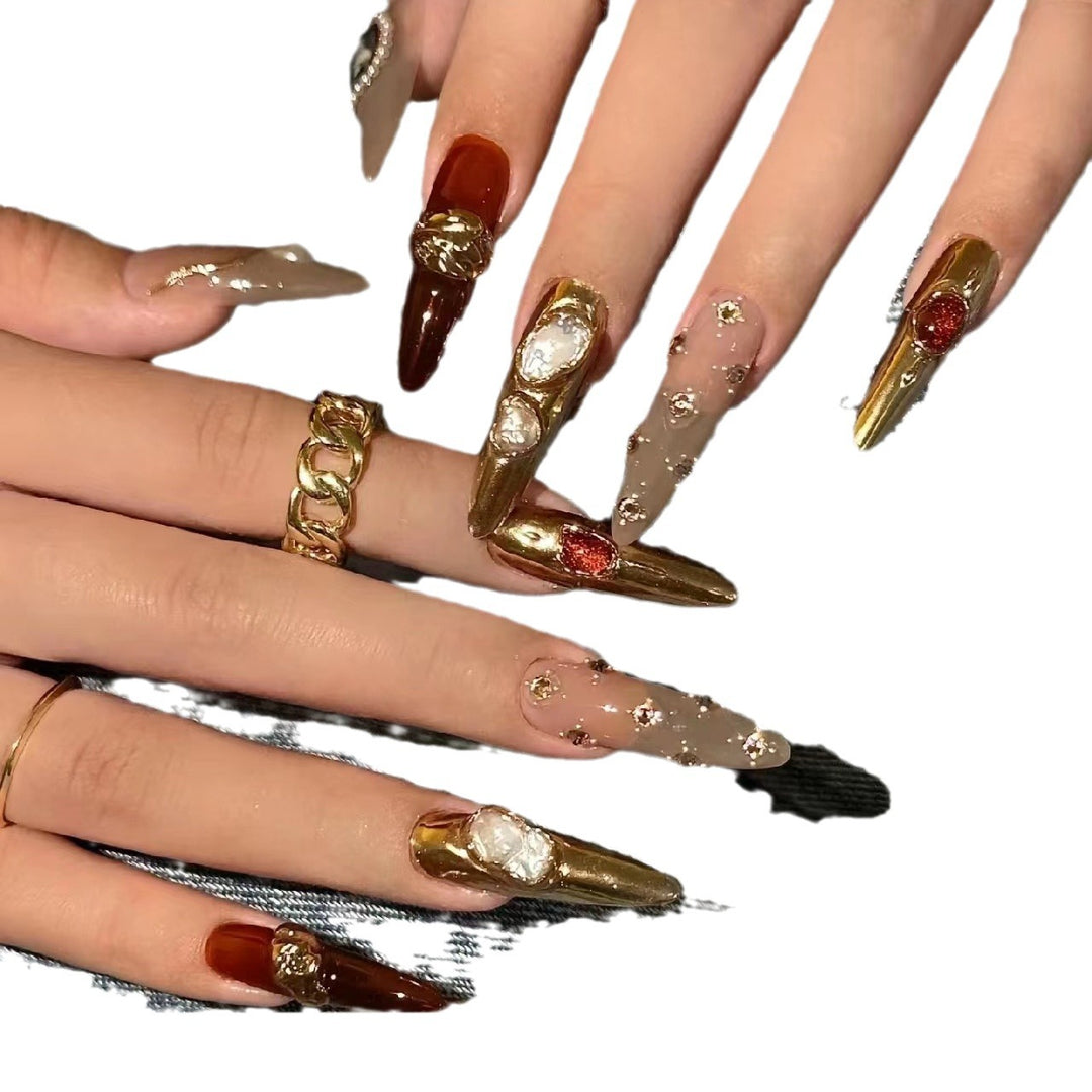 Artistic Press-On Nail Set with Luxury Gemstone Accents Kalsten