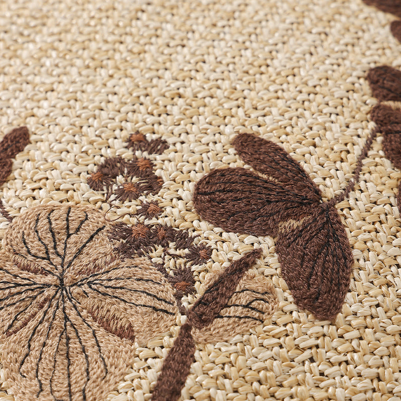 Round floor pouf seating with embroidered floral border Kalsten