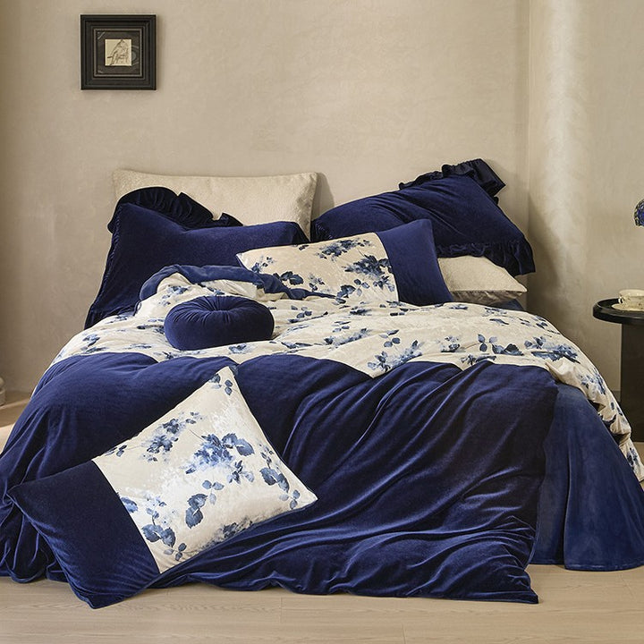 Premium velvet bedding set with floral satin contrast and decorative ruffled border
