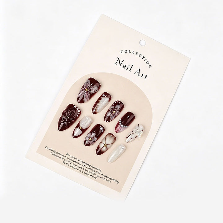 Elegant Artificial Nail Art with Floral Design and 3D Decorations Kalsten