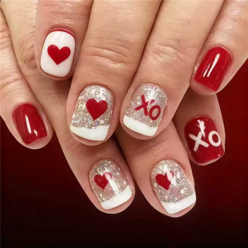 Artificial nail set with romantic heart and glitter motifs Kalsten