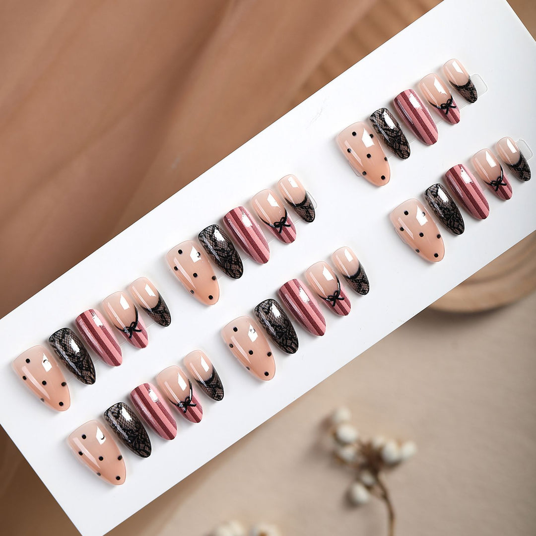 Acrylic nail set with elegant bow and lace accents Kalsten