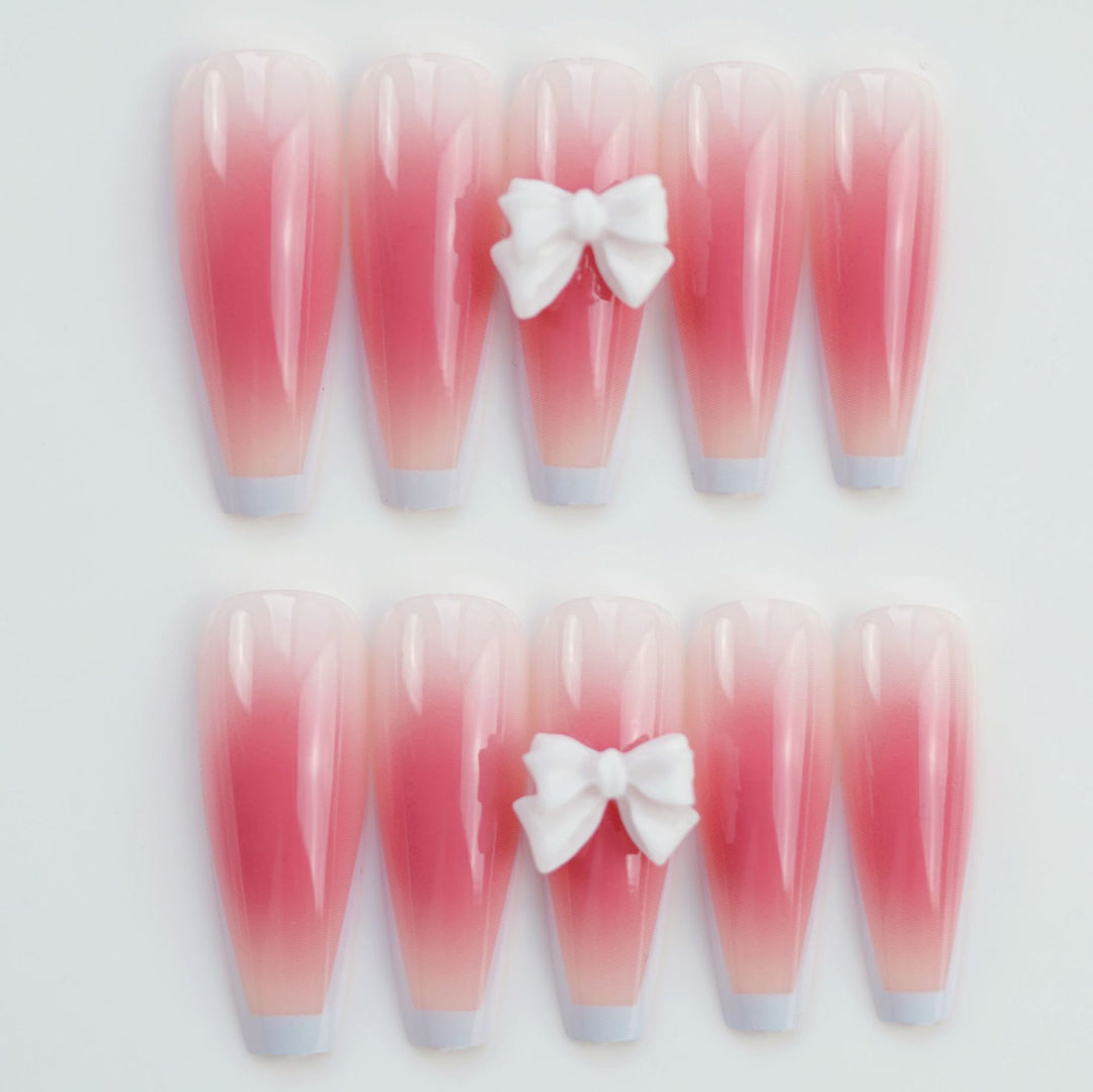 Elegant Long Coffin Press-On Nails with Bow Accents