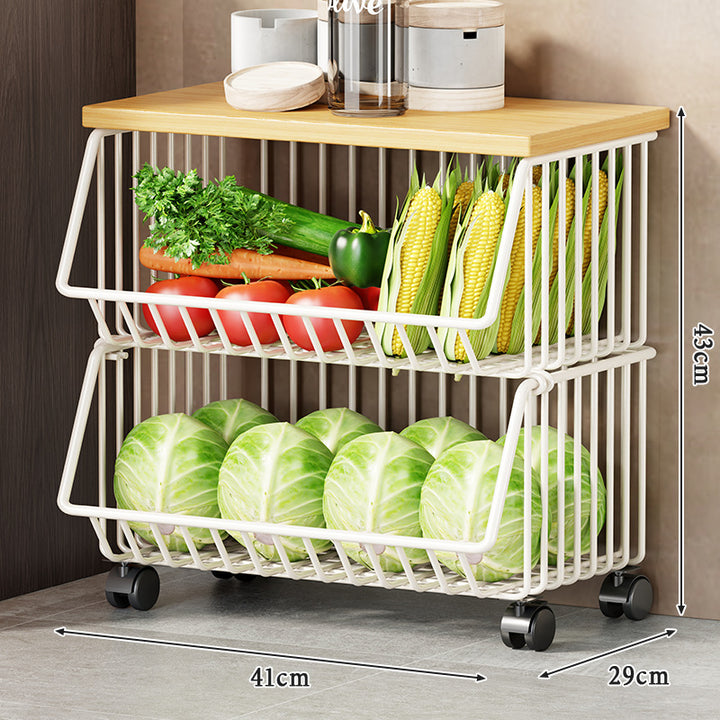 Multi-Tier Rolling Kitchen Pantry Cart with Wood Top and Deep Wire Storage Baskets