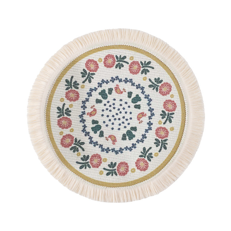 Round flat-woven cotton rug with mandala design and decorative fringes Kalsten