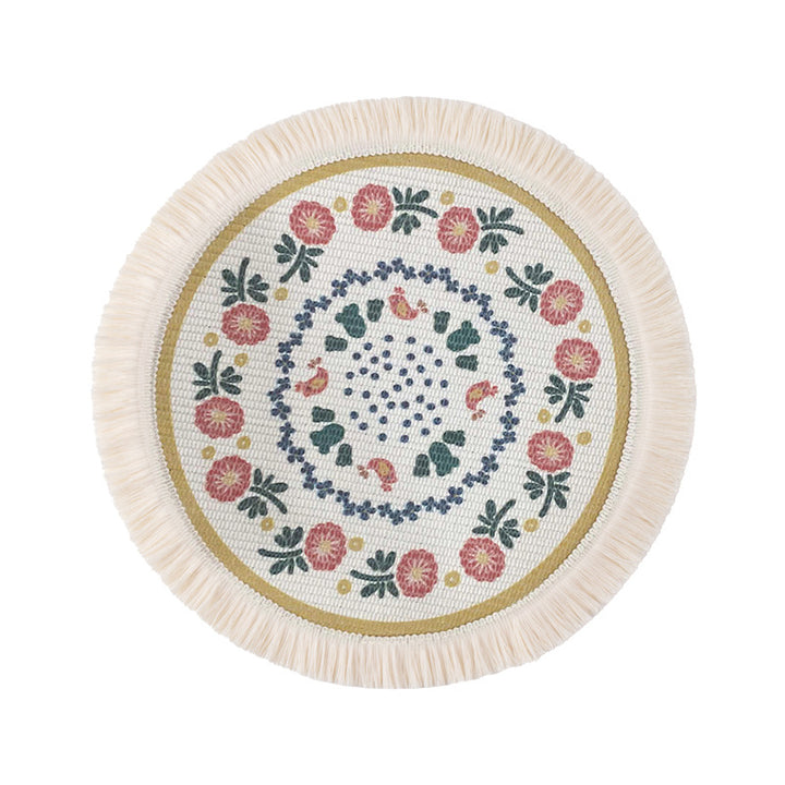 Round flat-woven cotton rug with mandala design and decorative fringes Kalsten