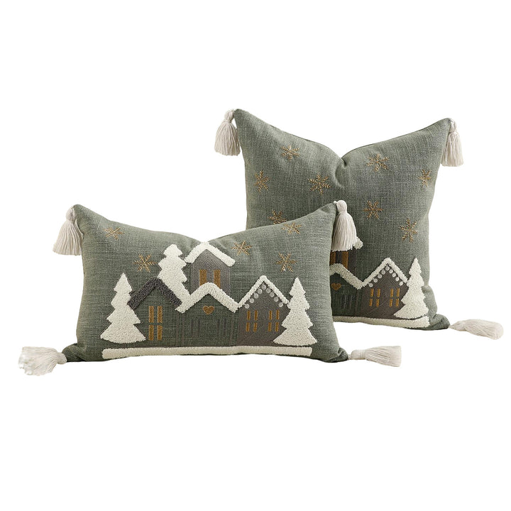 Festive Embroidered Snowy Village Tassel Throw Pillow Set