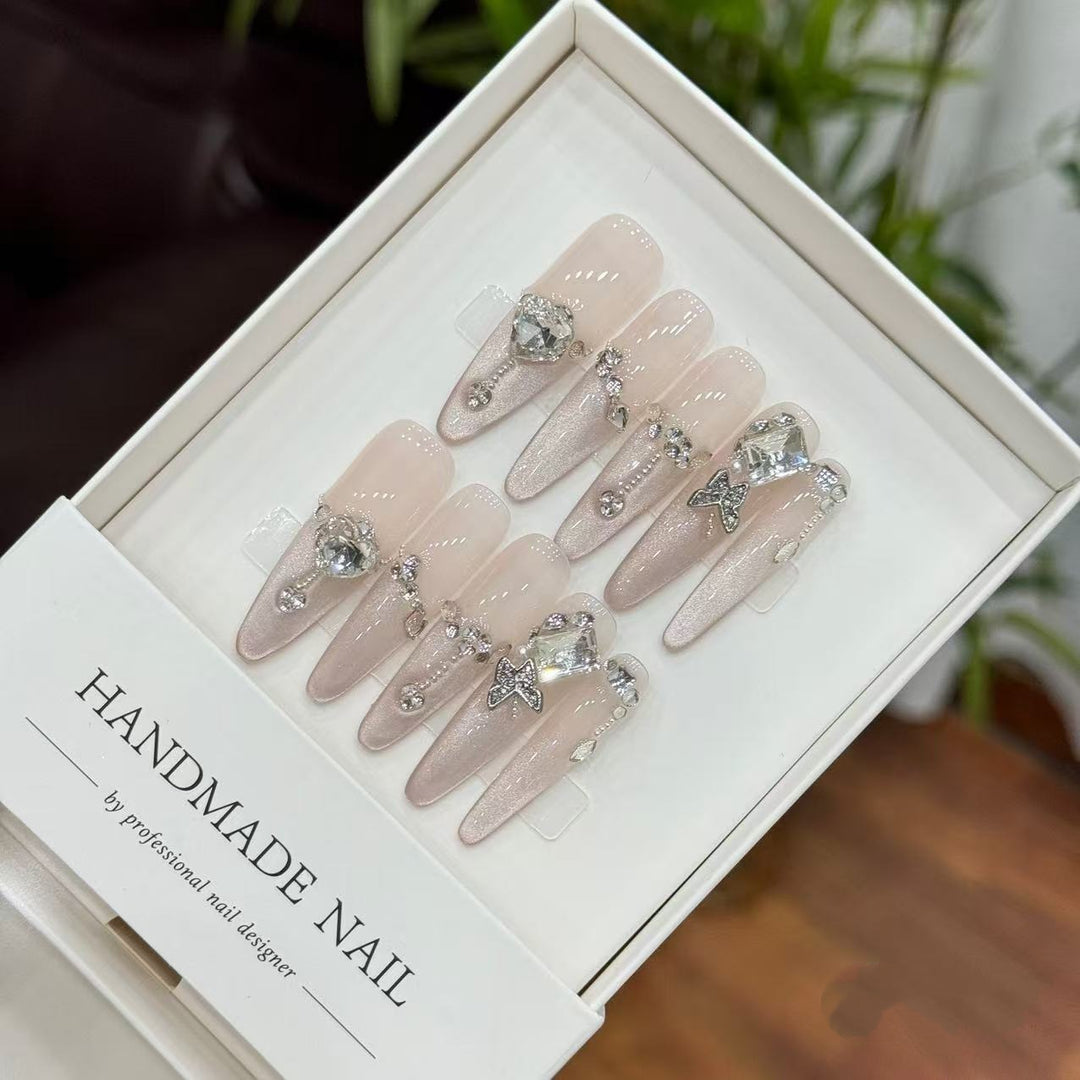 Artistic Handmade Press-On Nail Set with Glamorous Crystal Accents