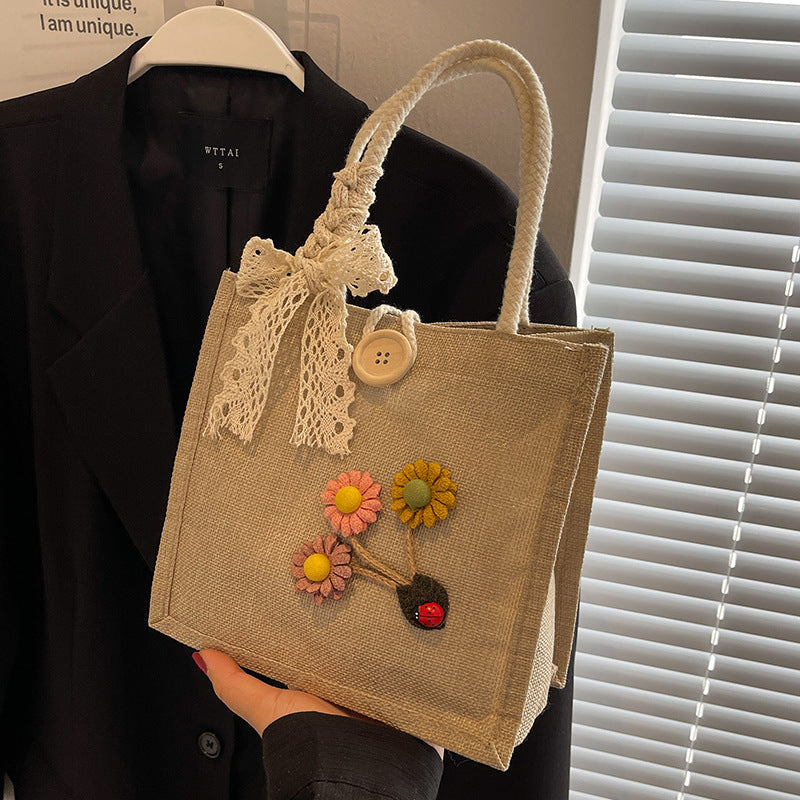 Floral Embellished Jute Handbag