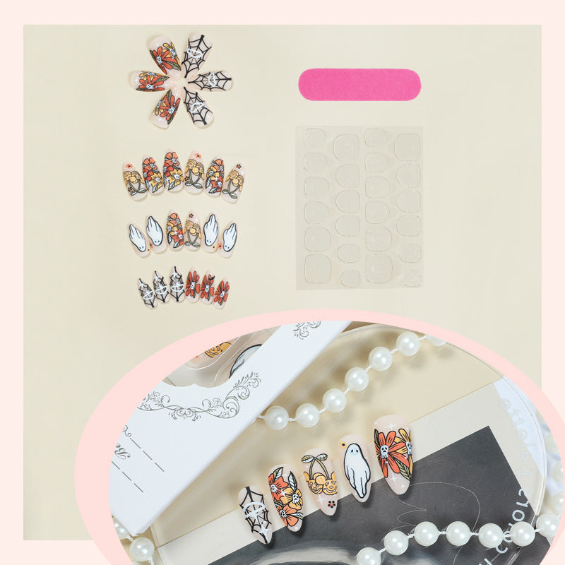 Artistic Press-On Nail Set with Seasonal Floral and Ghost Designs kalsten