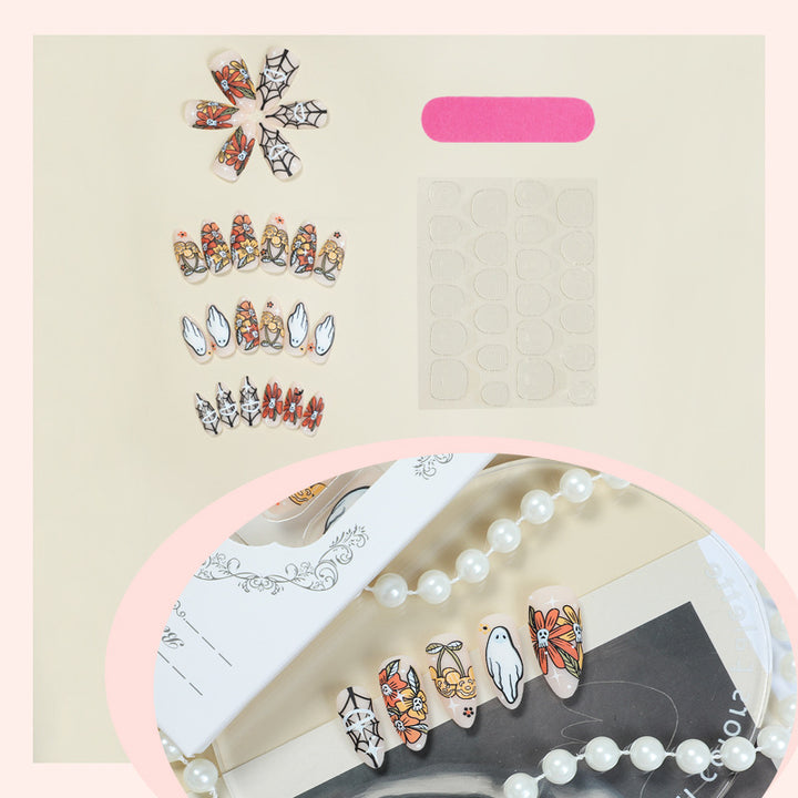 Artistic Press-On Nail Set with Seasonal Floral and Ghost Designs kalsten