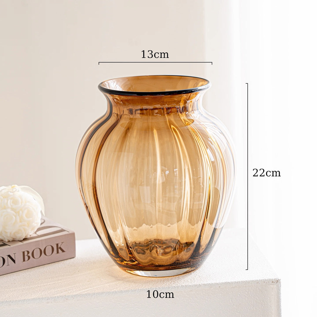 Handblown Ribbed Smoky Glass Bulb Vase with Narrow Neck Kalsten